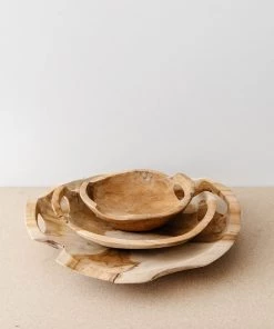 Creative Co Op Hand Carved Teak Wood Trays (Set Of 3) New