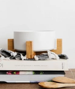 Lone Fox Wood Base Ceramic Bowl New