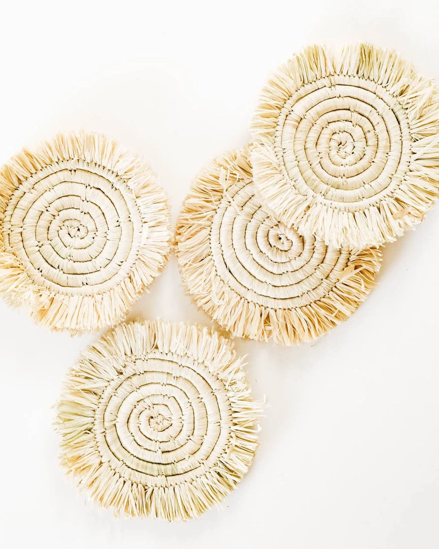 Lone Fox Edlyn Fringed Raffia Coasters New 6 Lone Fox Edlyn Fringed Raffia Coasters New