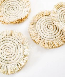 Lone Fox Edlyn Fringed Raffia Coasters - Natural